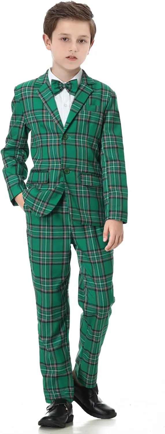 A&J DESIGN Boys' 2-Piece Suits Set Jacket Pants Bow Tie Kids Plaid Formal Outfits
