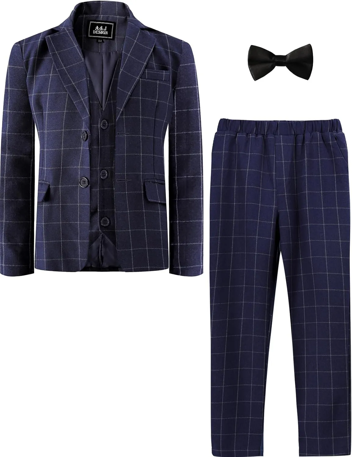 A&J DESIGN Boys' 3-Piece Suits Set Thick Jacket Pants Bow Tie Kids Plaid Formal Outfits
