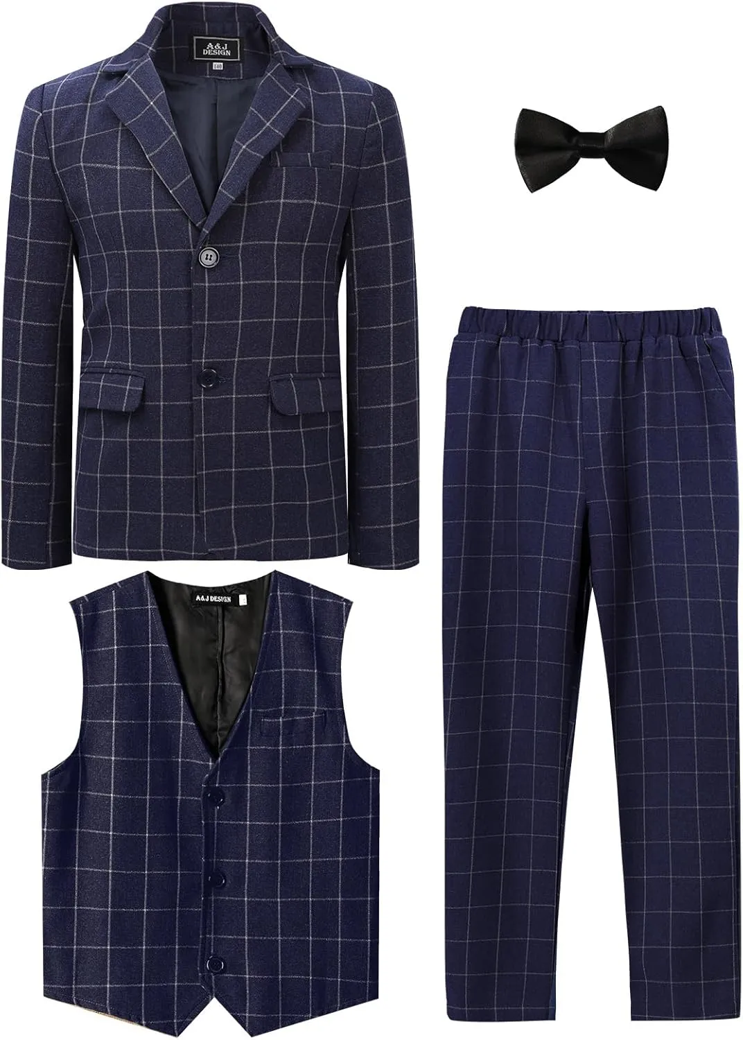 A&J DESIGN Boys' 3-Piece Suits Set Thick Jacket Pants Bow Tie Kids Plaid Formal Outfits