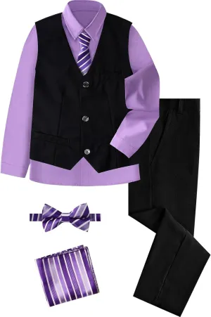 A&J DESIGN Boys 6-Piece Formal Suit Set with Dress Shirts, Vest, Pants, Tie, Bowtie and Pocket Square