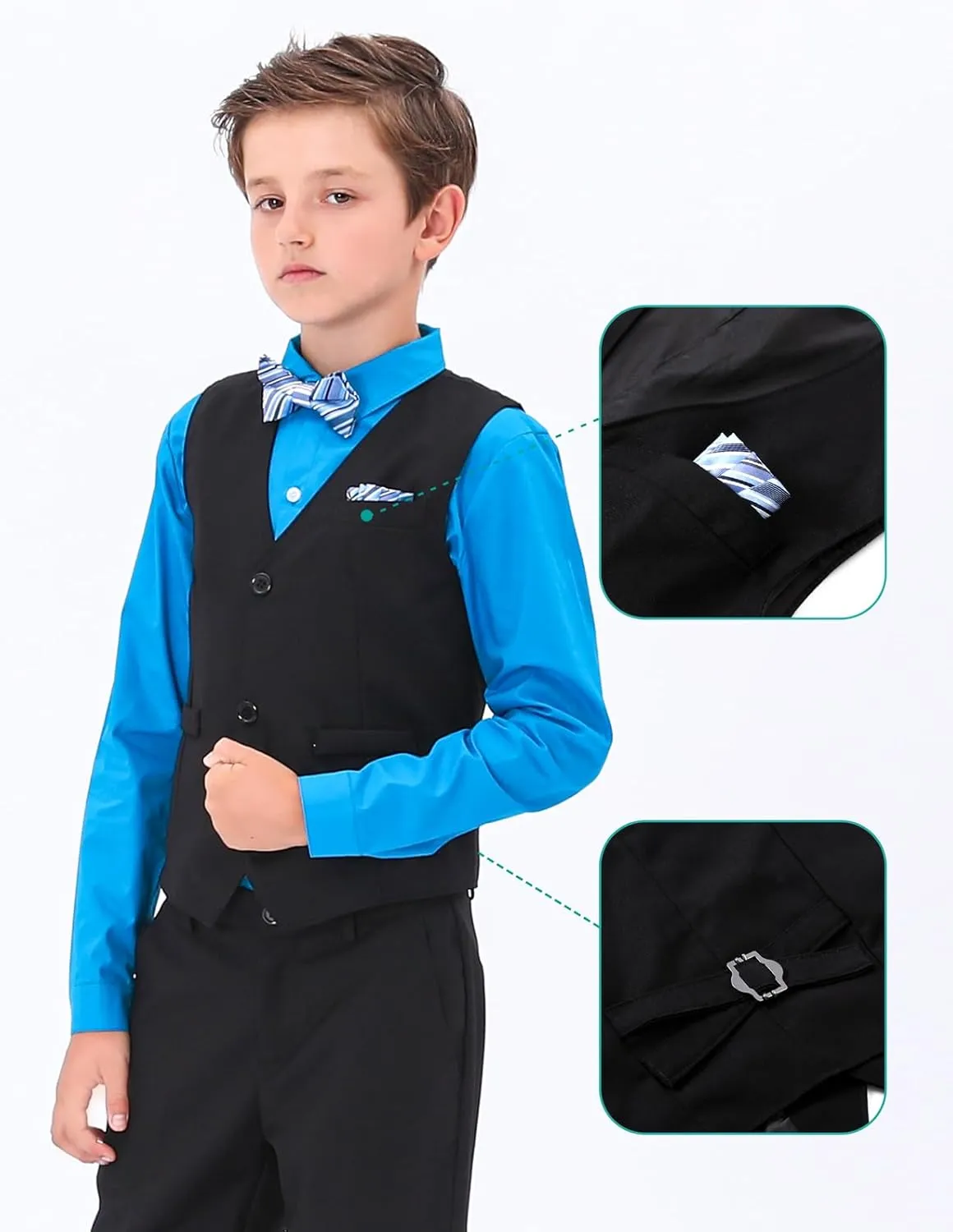 A&J DESIGN Boys 6-Piece Formal Suit Set with Dress Shirts, Vest, Pants, Tie, Bowtie and Pocket Square