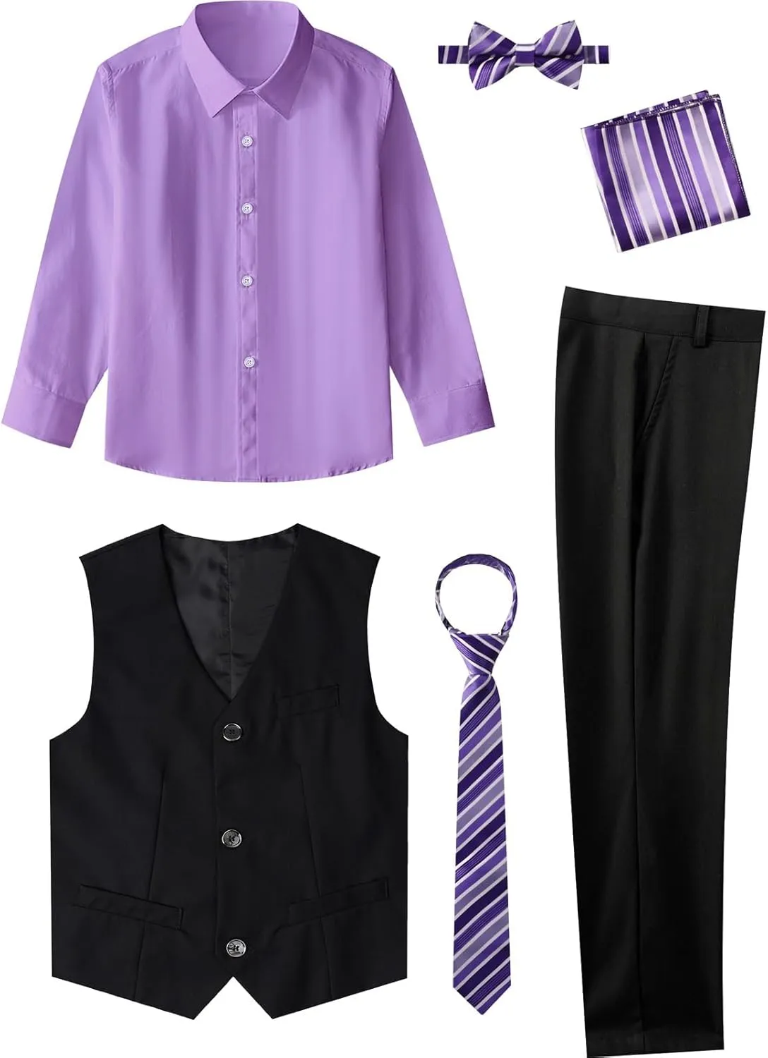 A&J DESIGN Boys 6-Piece Formal Suit Set with Dress Shirts, Vest, Pants, Tie, Bowtie and Pocket Square