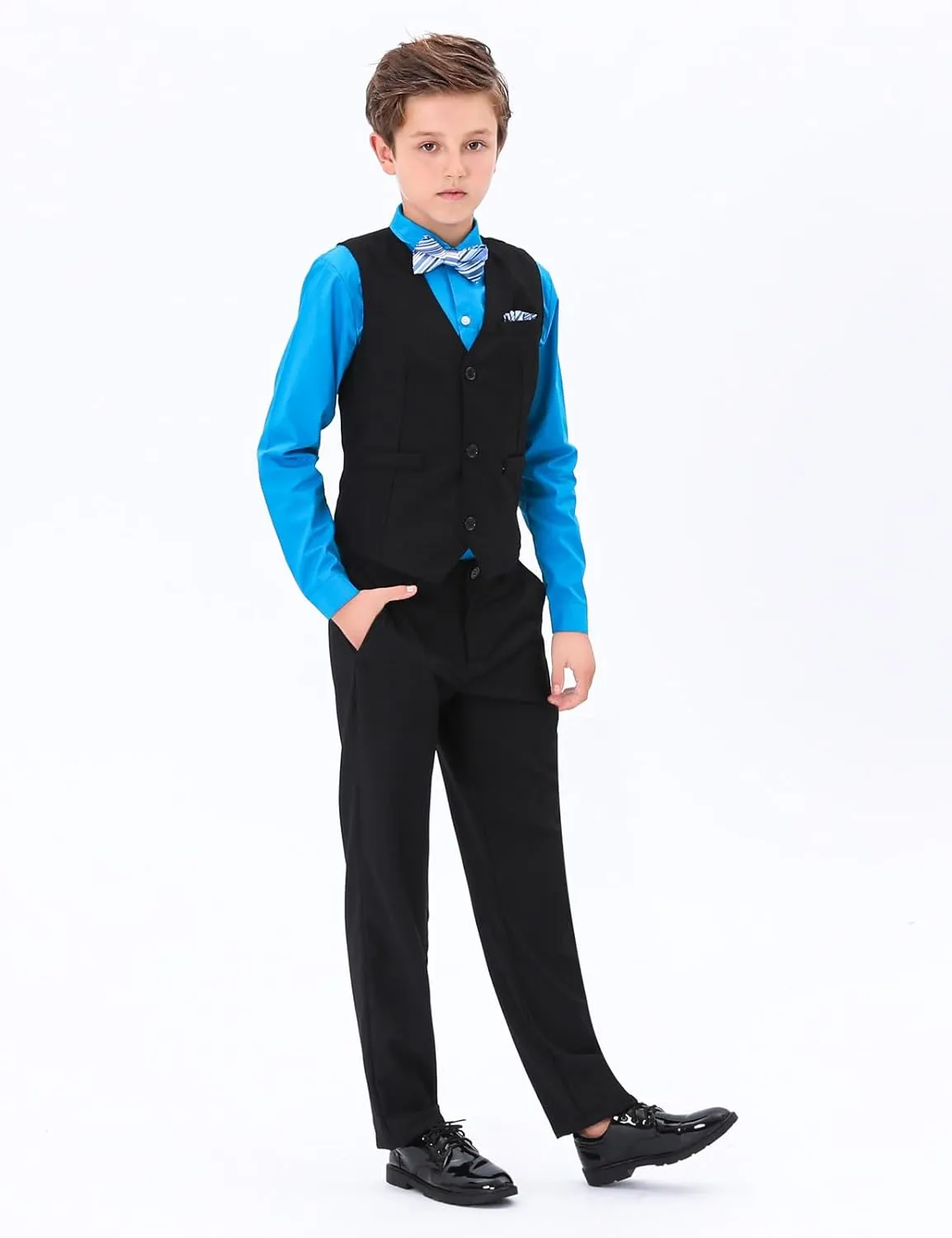 A&J DESIGN Boys 6-Piece Formal Suit Set with Dress Shirts, Vest, Pants, Tie, Bowtie and Pocket Square