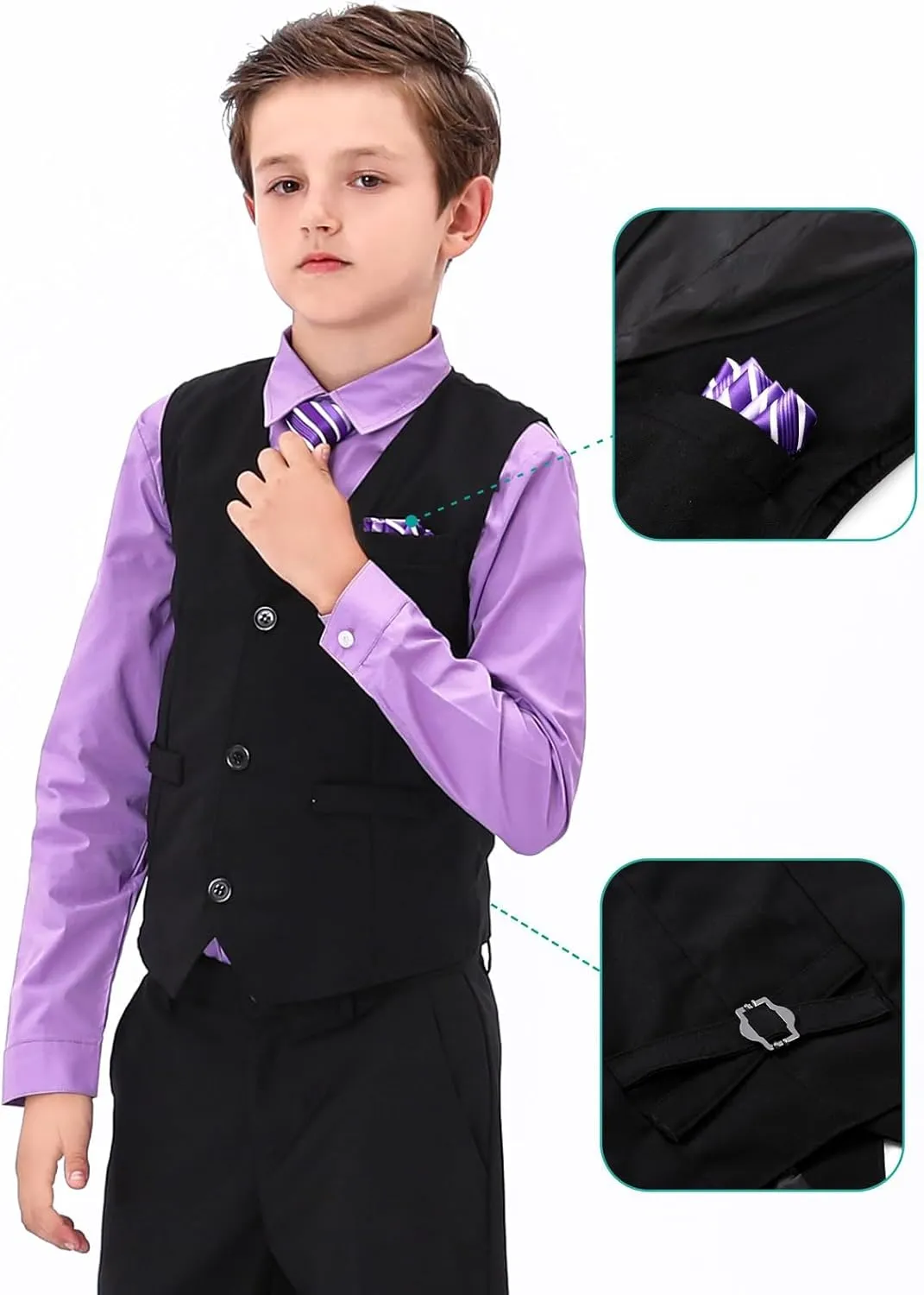 A&J DESIGN Boys 6-Piece Formal Suit Set with Dress Shirts, Vest, Pants, Tie, Bowtie and Pocket Square