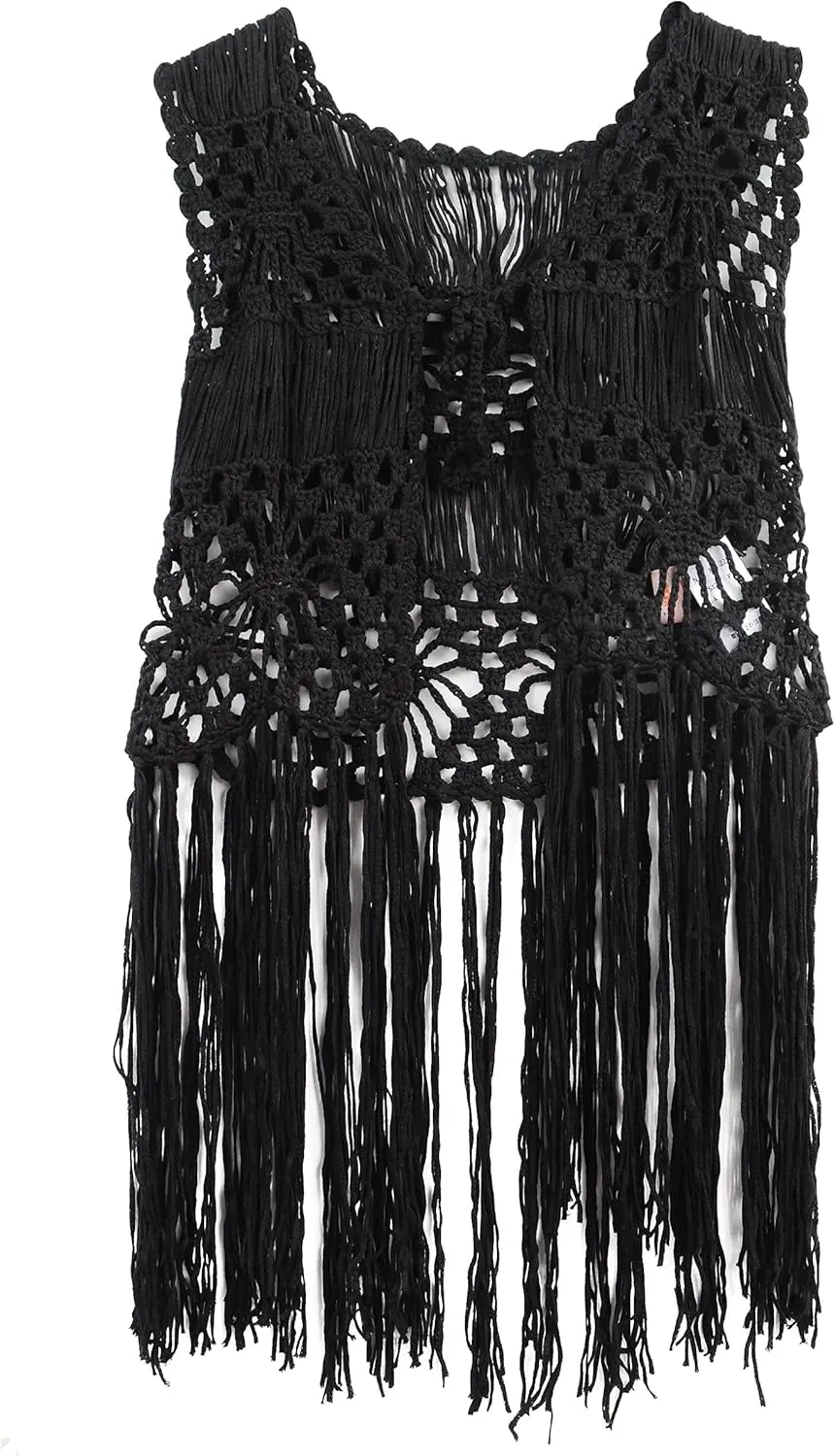Acemi Sleeveless Crochet Long Tassels Fringe Vest 70s Cover up Hippie Clothes for Women Free Size