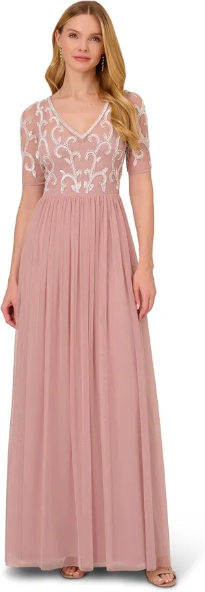 Adrianna Papell Women's Beaded Mesh Covered Gown