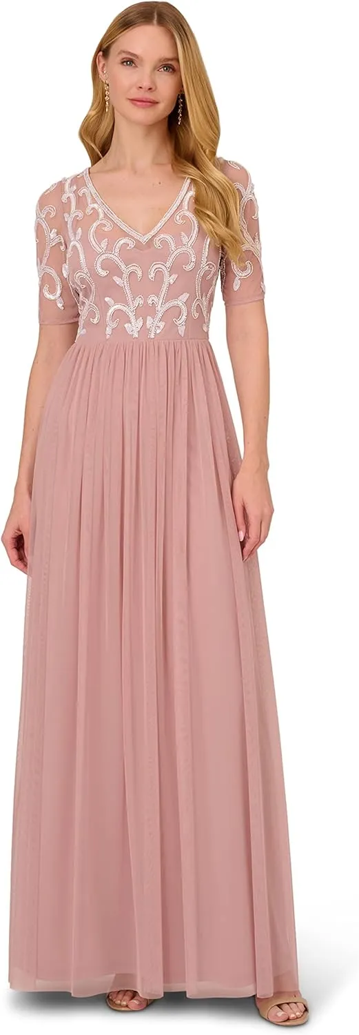 Adrianna Papell Women's Beaded Mesh Covered Gown