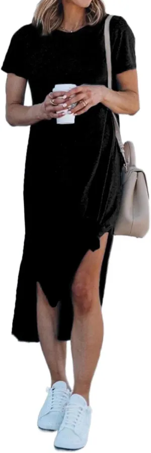 Alaster Womens Casual T-Shirt Midi Dress 2025 Short Sleeve Summer High Splits Dress with Pocket High Low Solid Midi Dress