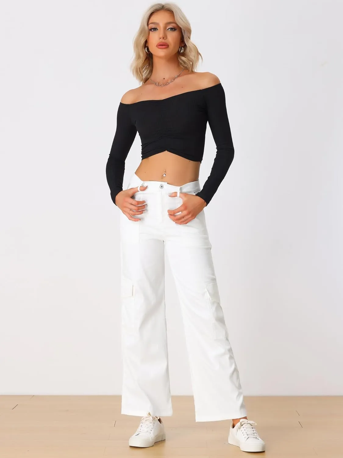 Allegra K Women's Cargo Pants Mid Rise Baggy Wide Leg Pockets Y2K Casual Pants