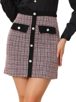 Allegra K Women's Tweed Plaid High Waist Button Decor Bodycon Elegant Office Mini Skirt