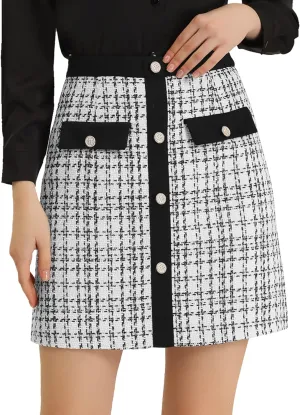 Allegra K Women's Tweed Plaid High Waist Button Decor Bodycon Elegant Office Mini Skirt