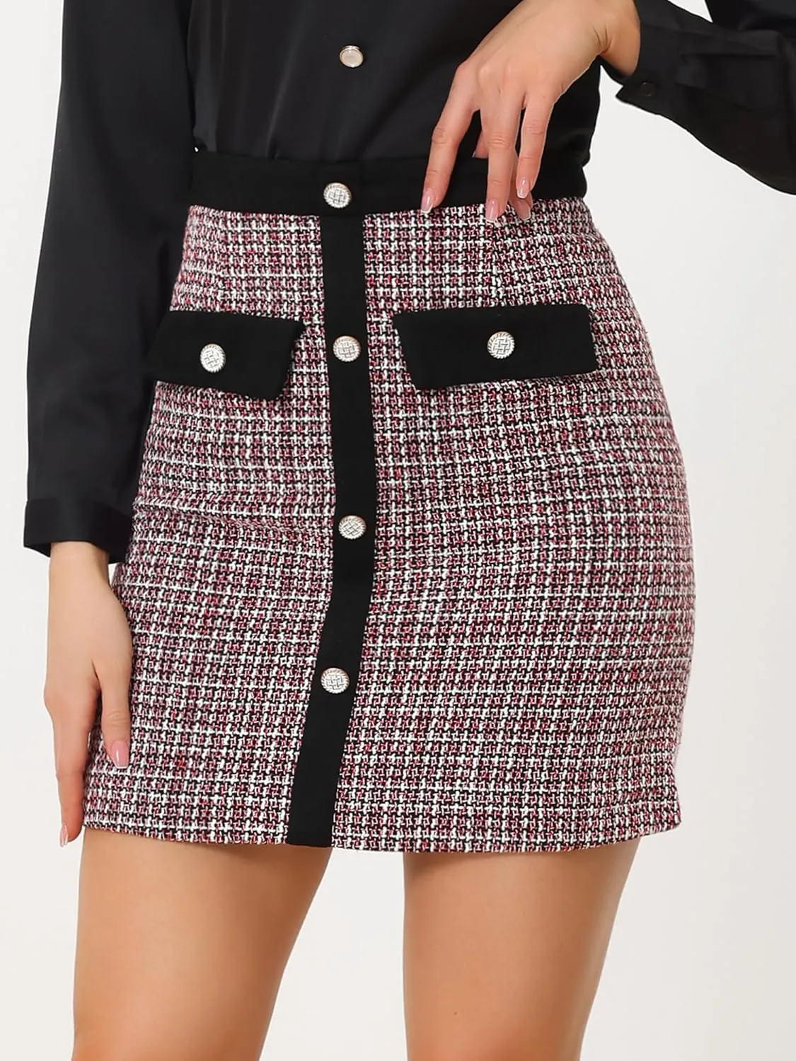 Allegra K Women's Tweed Plaid High Waist Button Decor Bodycon Elegant Office Mini Skirt