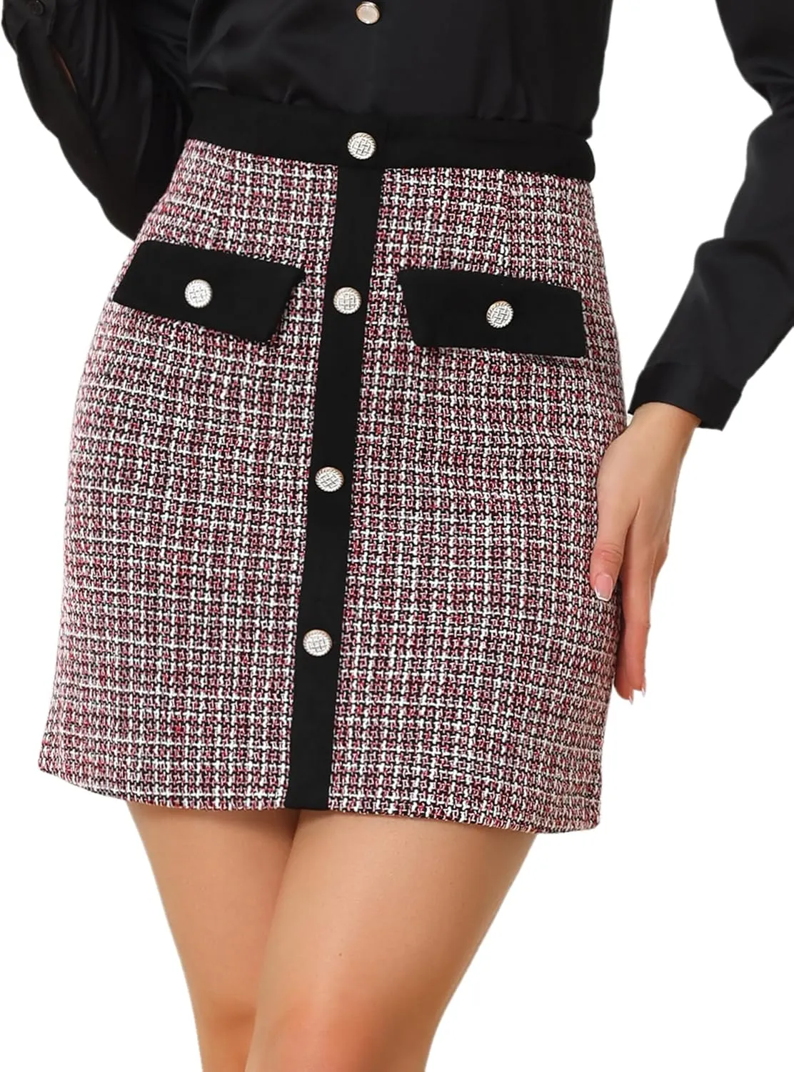 Allegra K Women's Tweed Plaid High Waist Button Decor Bodycon Elegant Office Mini Skirt