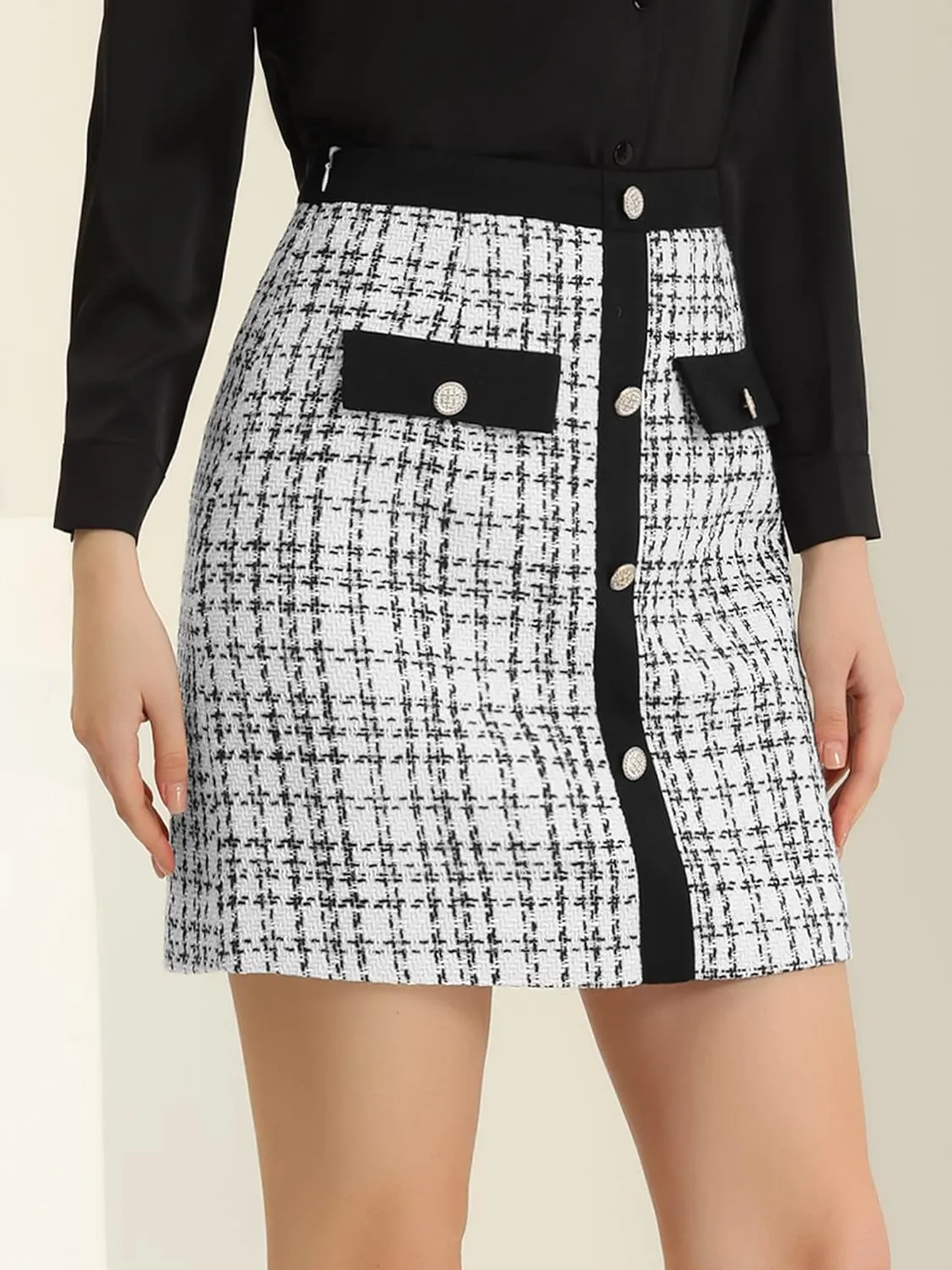 Allegra K Women's Tweed Plaid High Waist Button Decor Bodycon Elegant Office Mini Skirt