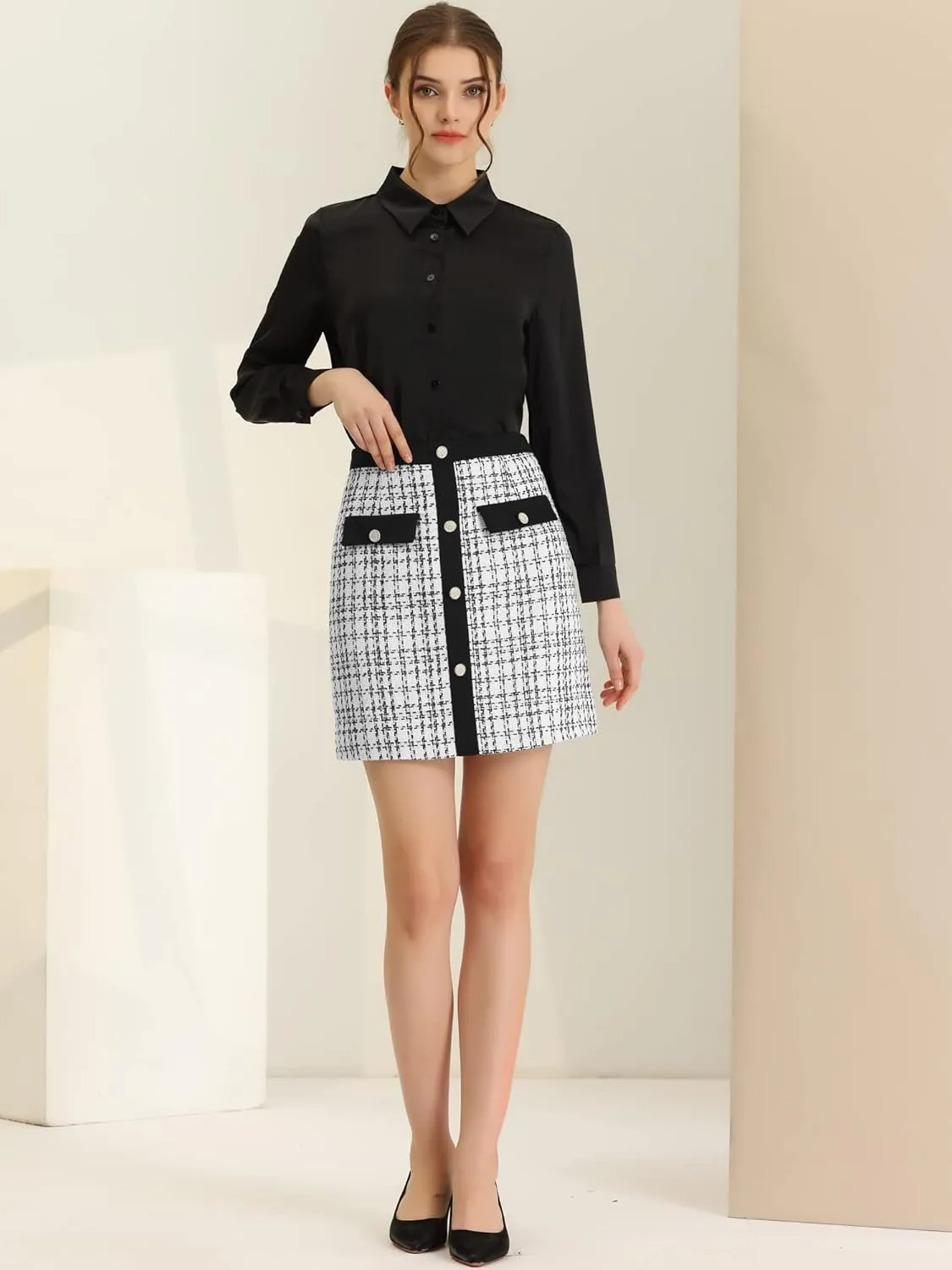 Allegra K Women's Tweed Plaid High Waist Button Decor Bodycon Elegant Office Mini Skirt