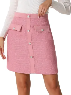 Allegra K Women's Tweed Plaid High Waist Button Decor Bodycon Elegant Office Mini Skirt