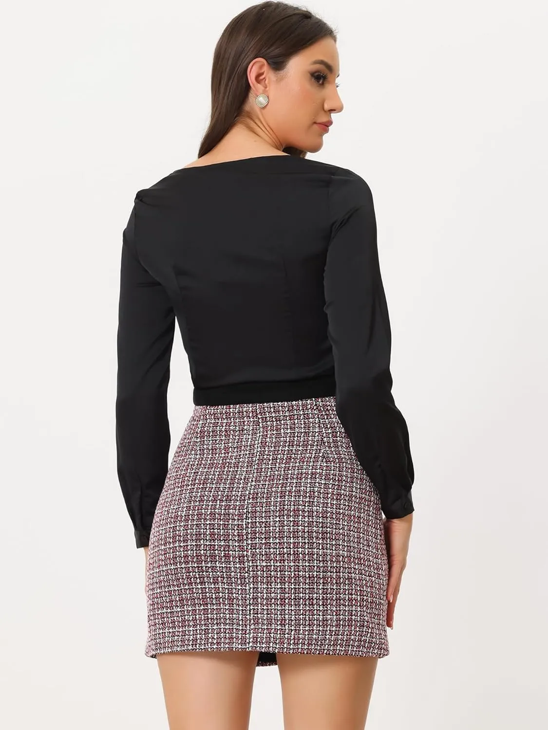 Allegra K Women's Tweed Plaid High Waist Button Decor Bodycon Elegant Office Mini Skirt