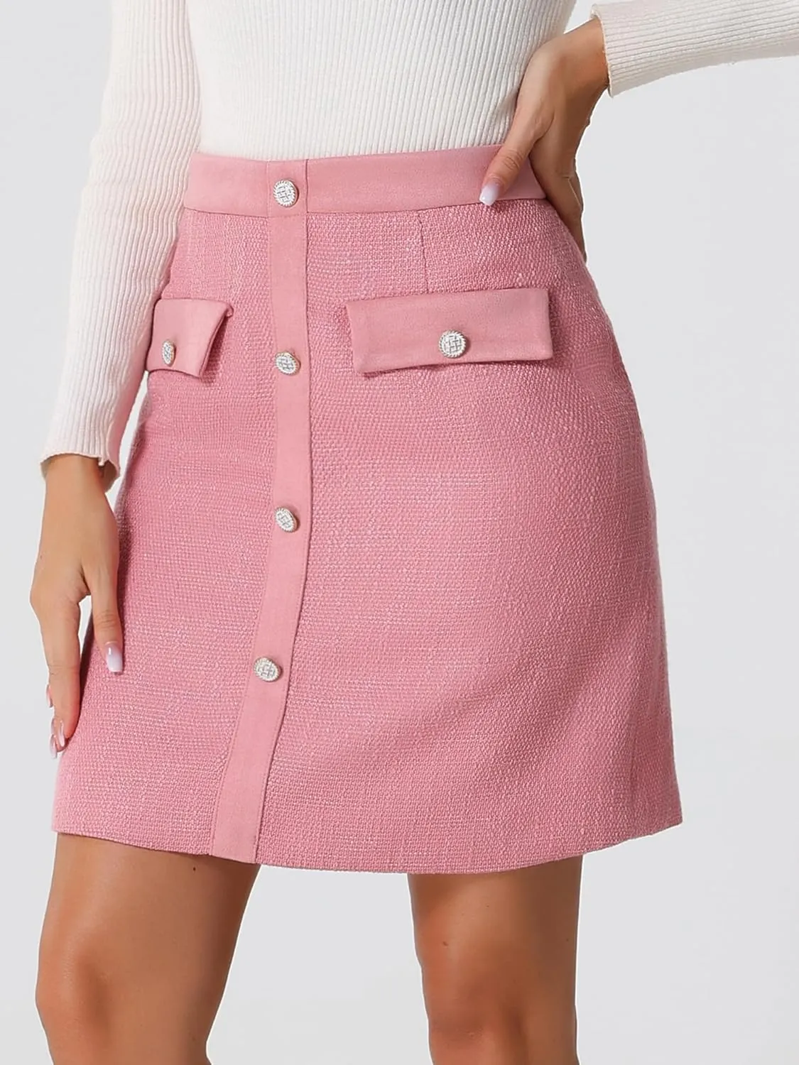 Allegra K Women's Tweed Plaid High Waist Button Decor Bodycon Elegant Office Mini Skirt