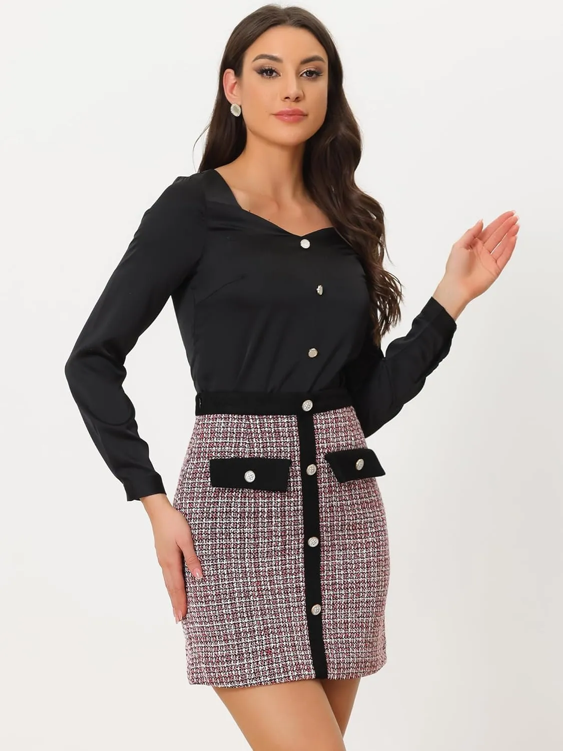 Allegra K Women's Tweed Plaid High Waist Button Decor Bodycon Elegant Office Mini Skirt