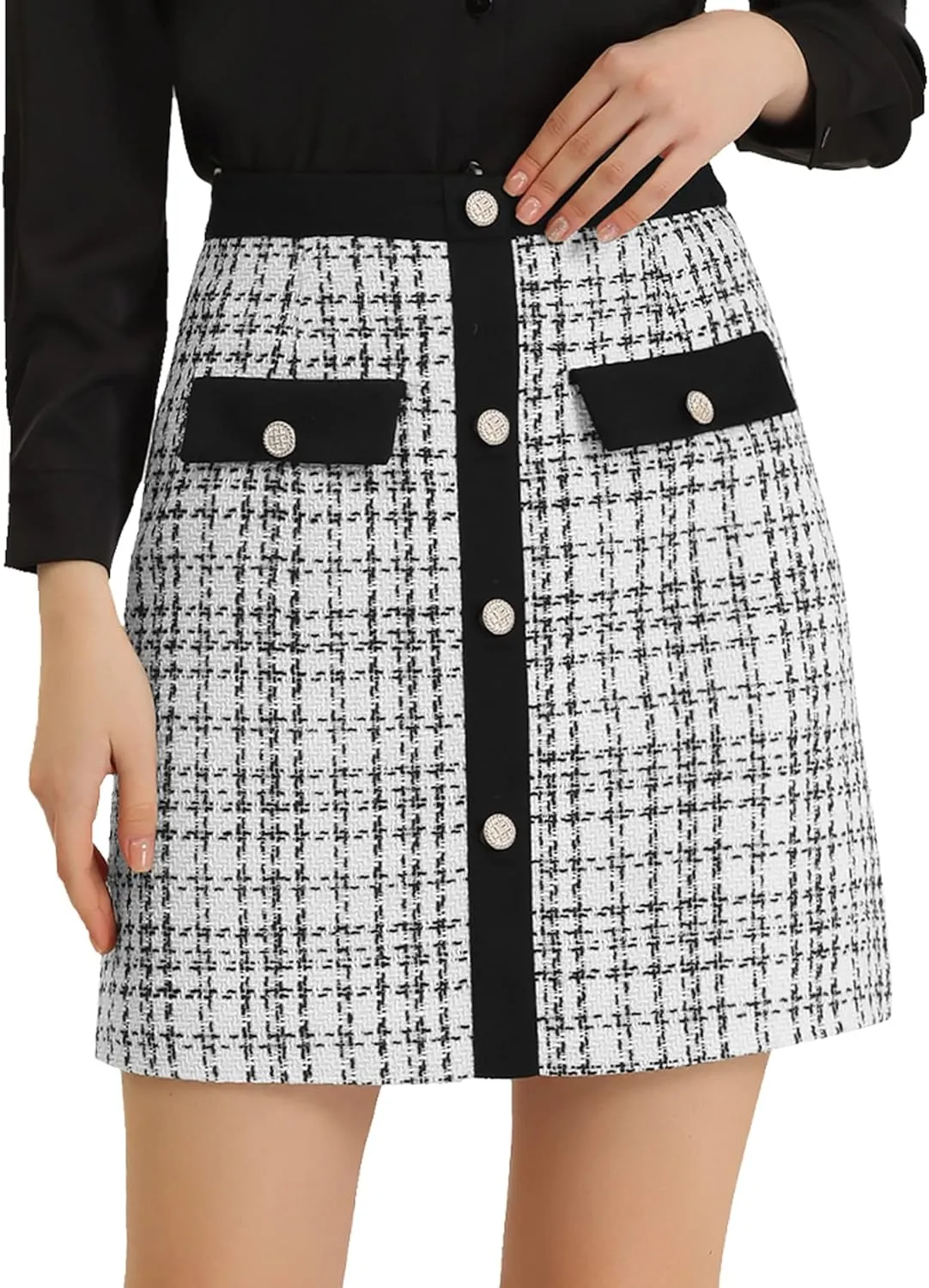Allegra K Women's Tweed Plaid High Waist Button Decor Bodycon Elegant Office Mini Skirt