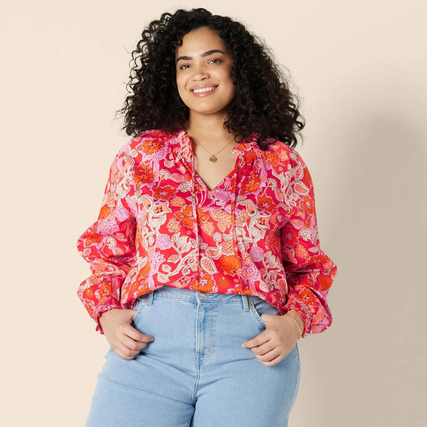 Amazon Essentials Women's Relaxed-Fit Ruffle-Neck Cotton Sateen Long-Sleeve Blouse (Skirt Sold Seperately)