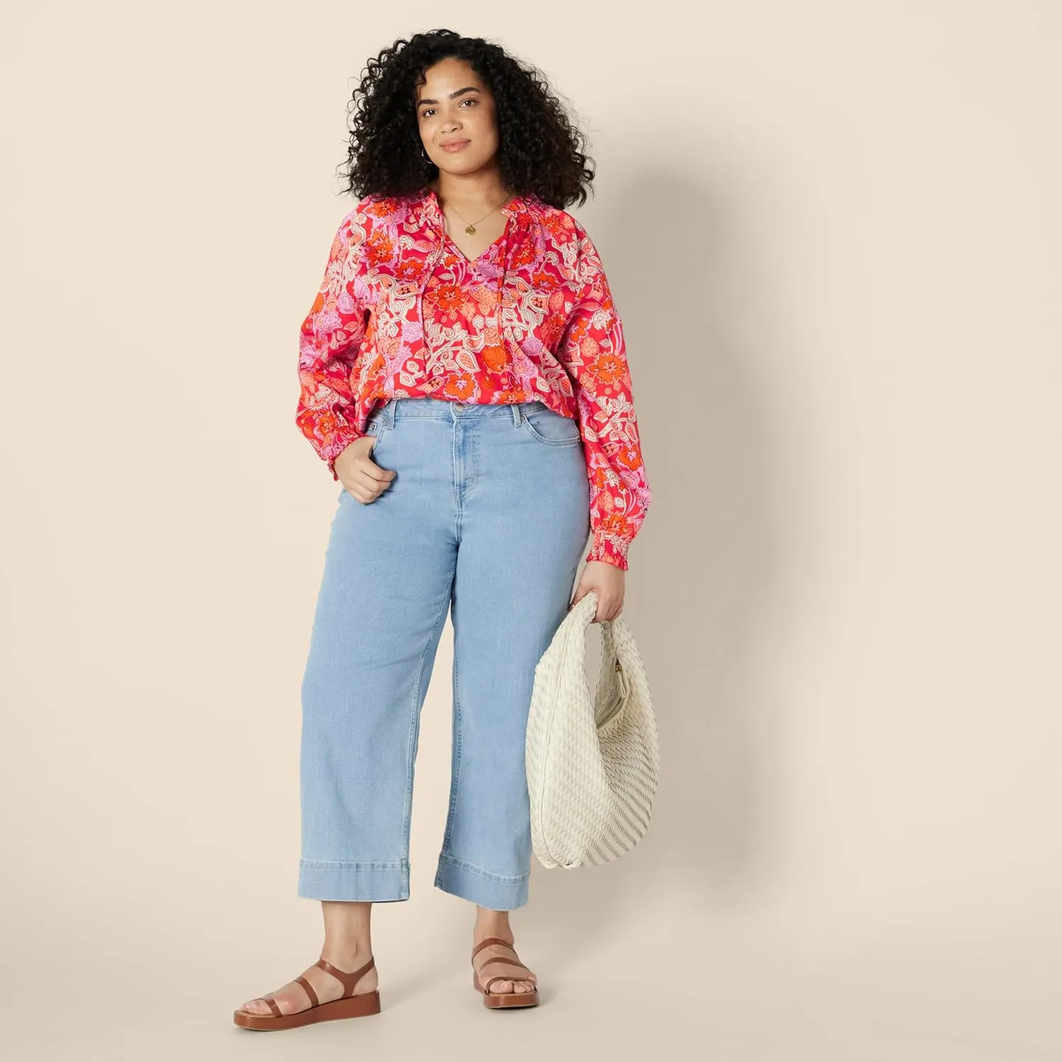 Amazon Essentials Women's Relaxed-Fit Ruffle-Neck Cotton Sateen Long-Sleeve Blouse (Skirt Sold Seperately)