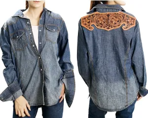 American Darling Genuine leather Hand tooled hand carved Women 100% cotton Denim Blazer dress jacket ladies | Vintage Jacket