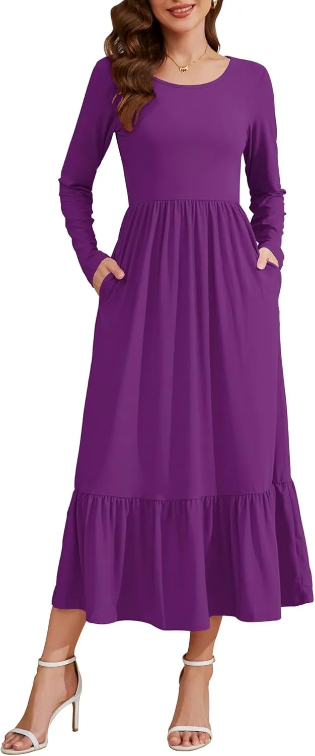 AUSELILY Womens Fall Dresses 2024 Long Sleeve Maxi Dress Casual Crewneck Flowy Tiered Wedding Guest Dress with Pockets