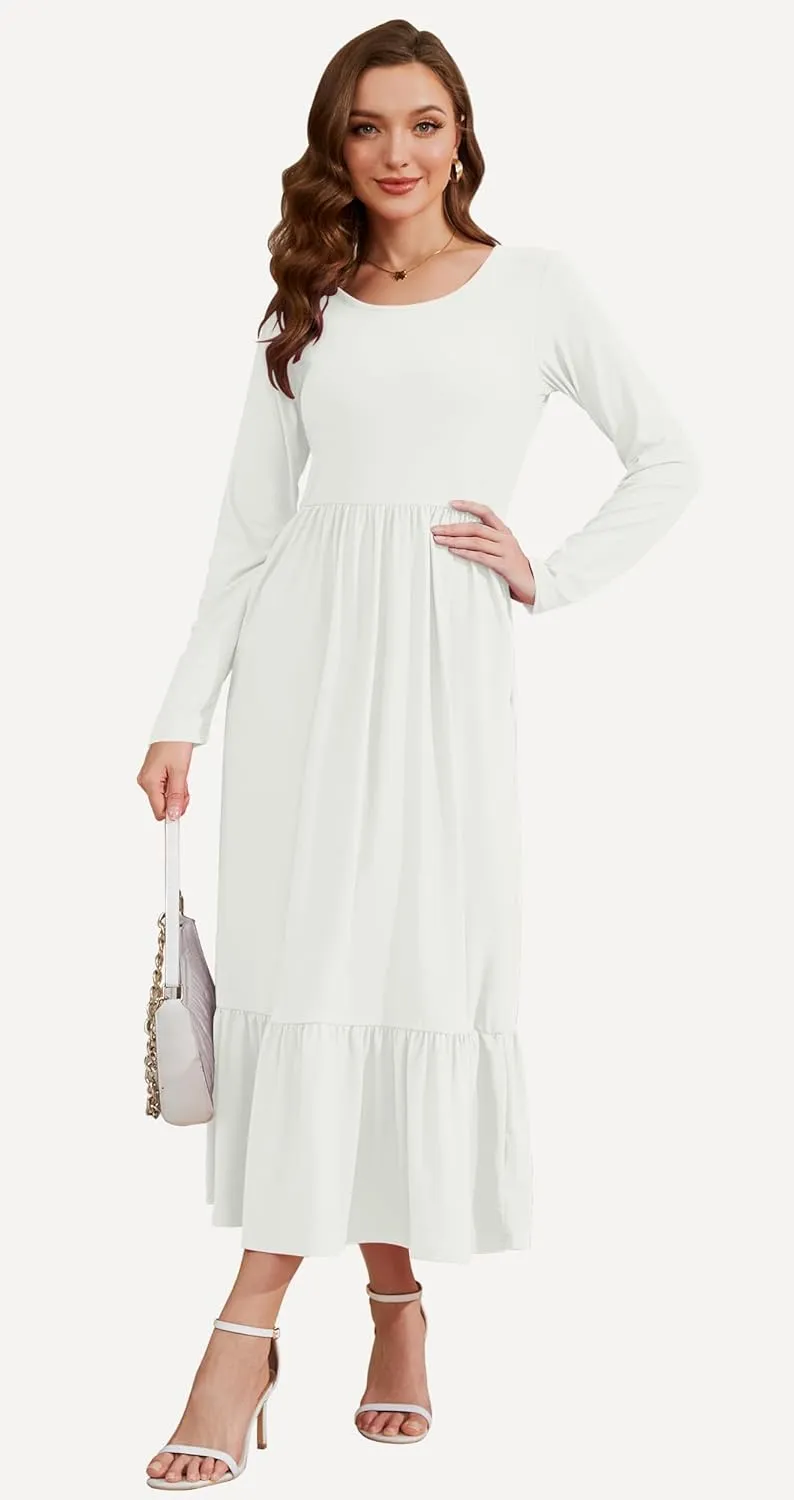 AUSELILY Womens Fall Dresses 2024 Long Sleeve Maxi Dress Casual Crewneck Flowy Tiered Wedding Guest Dress with Pockets