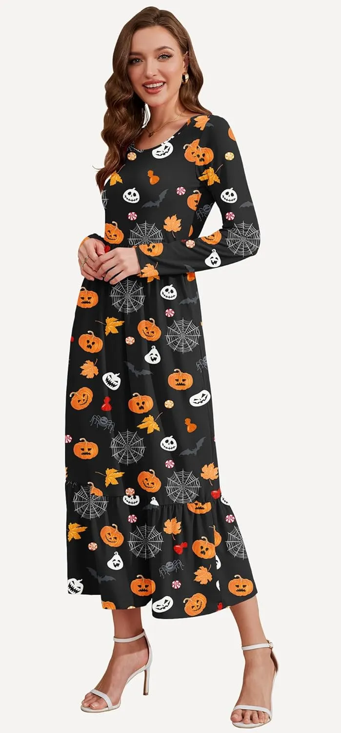 AUSELILY Womens Fall Dresses 2024 Long Sleeve Maxi Dress Casual Crewneck Flowy Tiered Wedding Guest Dress with Pockets