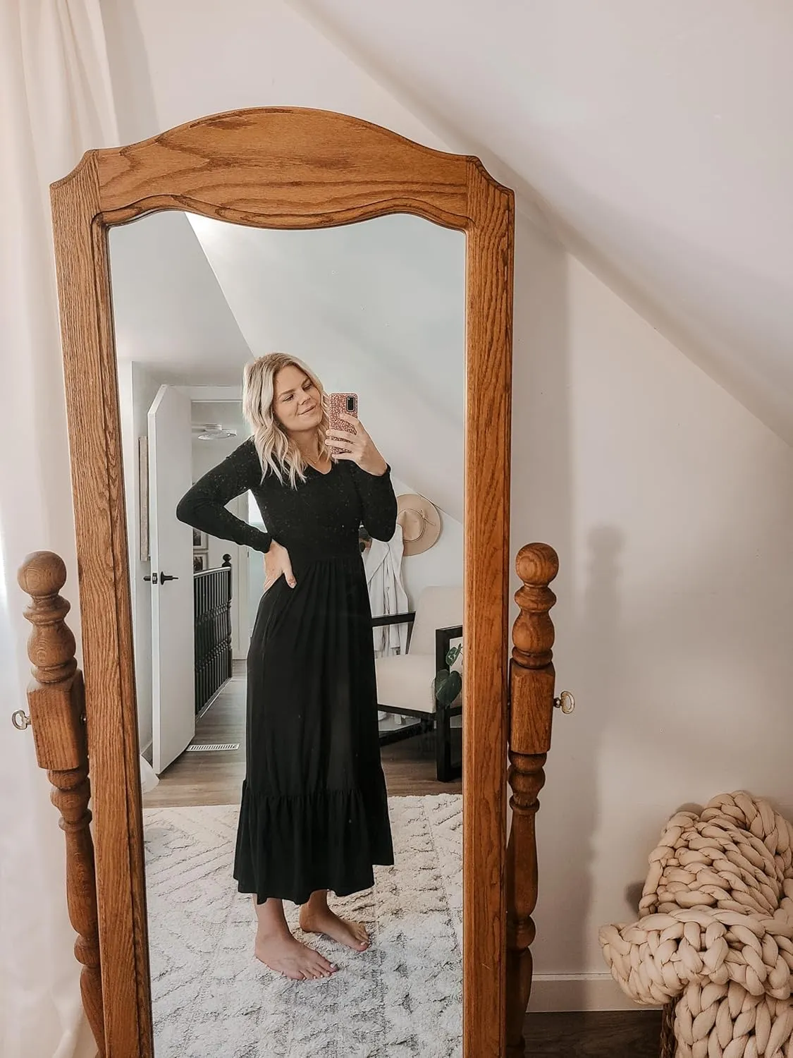 AUSELILY Womens Fall Dresses 2024 Long Sleeve Maxi Dress Casual Crewneck Flowy Tiered Wedding Guest Dress with Pockets