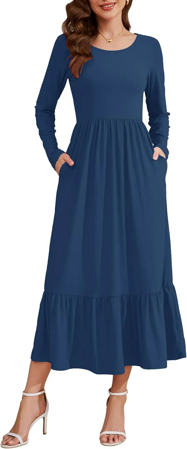 AUSELILY Womens Fall Dresses 2024 Long Sleeve Maxi Dress Casual Crewneck Flowy Tiered Wedding Guest Dress with Pockets