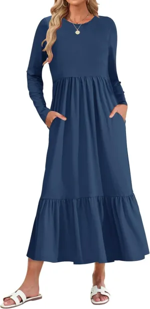 AUSELILY Womens Fall Dresses 2024 Long Sleeve Maxi Dress Casual Crewneck Flowy Tiered Wedding Guest Dress with Pockets