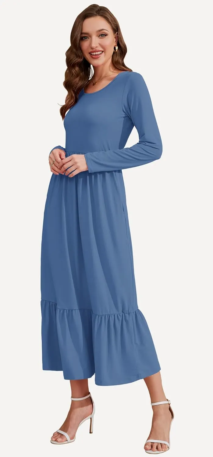 AUSELILY Womens Fall Dresses 2024 Long Sleeve Maxi Dress Casual Crewneck Flowy Tiered Wedding Guest Dress with Pockets