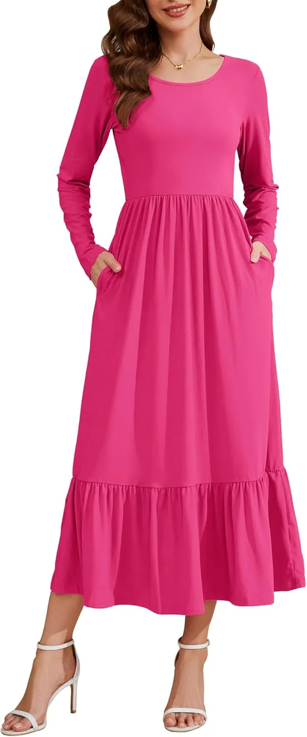 AUSELILY Womens Fall Dresses 2024 Long Sleeve Maxi Dress Casual Crewneck Flowy Tiered Wedding Guest Dress with Pockets