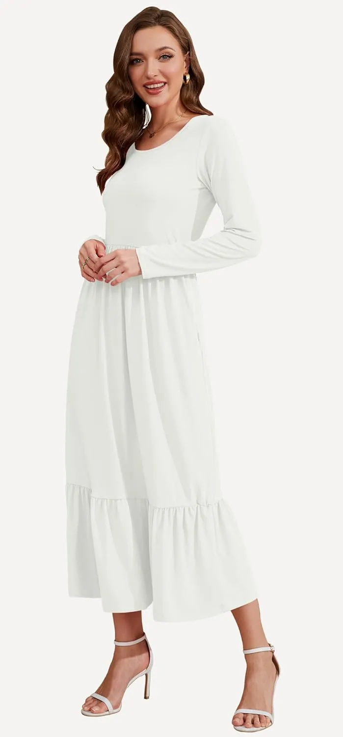 AUSELILY Womens Fall Dresses 2024 Long Sleeve Maxi Dress Casual Crewneck Flowy Tiered Wedding Guest Dress with Pockets