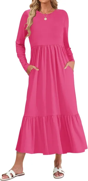 AUSELILY Womens Fall Dresses 2024 Long Sleeve Maxi Dress Casual Crewneck Flowy Tiered Wedding Guest Dress with Pockets