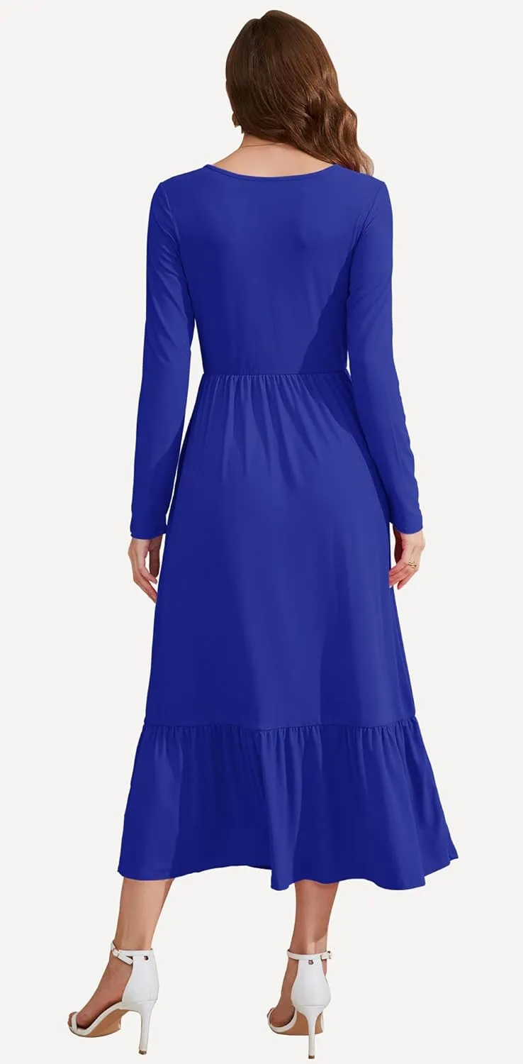 AUSELILY Womens Fall Dresses 2024 Long Sleeve Maxi Dress Casual Crewneck Flowy Tiered Wedding Guest Dress with Pockets