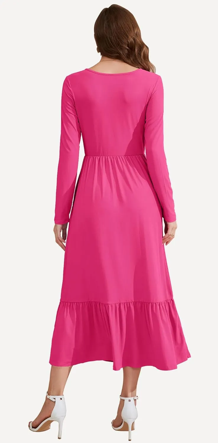 AUSELILY Womens Fall Dresses 2024 Long Sleeve Maxi Dress Casual Crewneck Flowy Tiered Wedding Guest Dress with Pockets