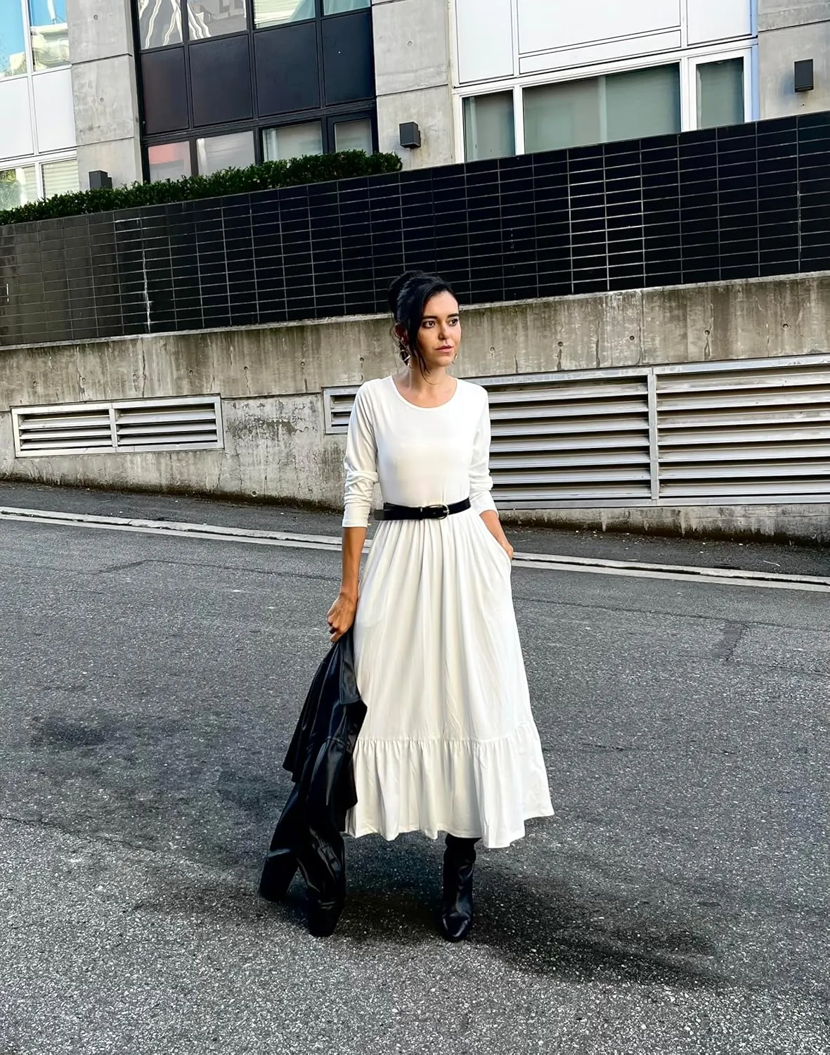 AUSELILY Womens Fall Dresses 2024 Long Sleeve Maxi Dress Casual Crewneck Flowy Tiered Wedding Guest Dress with Pockets