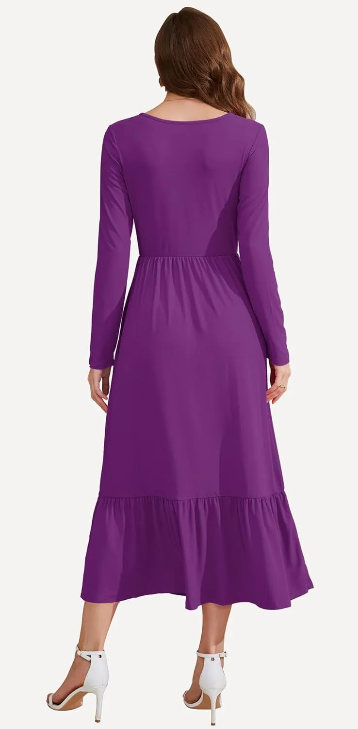 AUSELILY Womens Fall Dresses 2024 Long Sleeve Maxi Dress Casual Crewneck Flowy Tiered Wedding Guest Dress with Pockets