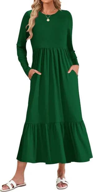 AUSELILY Womens Fall Dresses 2024 Long Sleeve Maxi Dress Casual Crewneck Flowy Tiered Wedding Guest Dress with Pockets