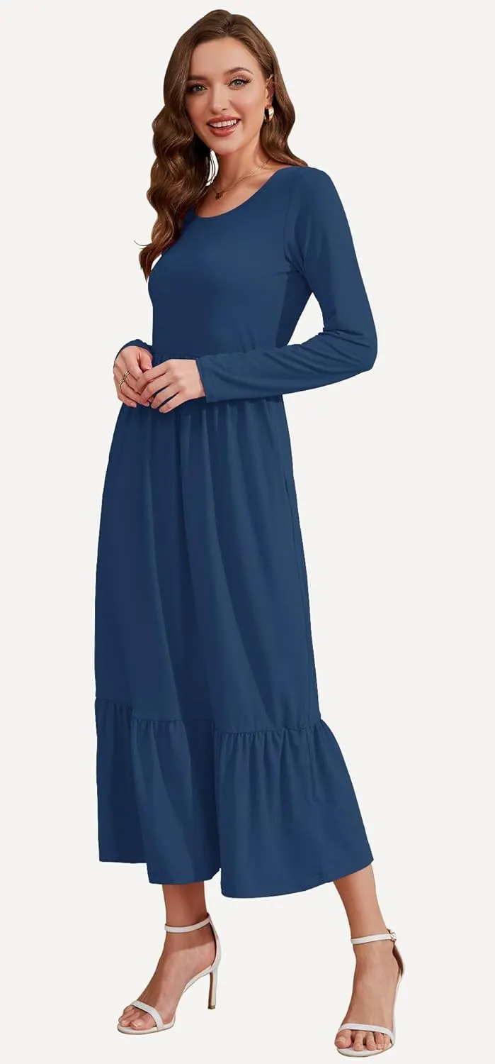 AUSELILY Womens Fall Dresses 2024 Long Sleeve Maxi Dress Casual Crewneck Flowy Tiered Wedding Guest Dress with Pockets