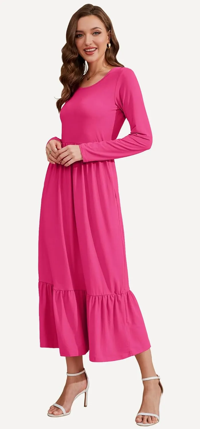 AUSELILY Womens Fall Dresses 2024 Long Sleeve Maxi Dress Casual Crewneck Flowy Tiered Wedding Guest Dress with Pockets