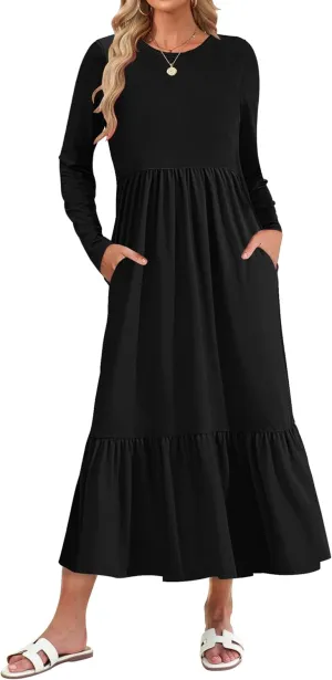 AUSELILY Womens Fall Dresses 2024 Long Sleeve Maxi Dress Casual Crewneck Flowy Tiered Wedding Guest Dress with Pockets