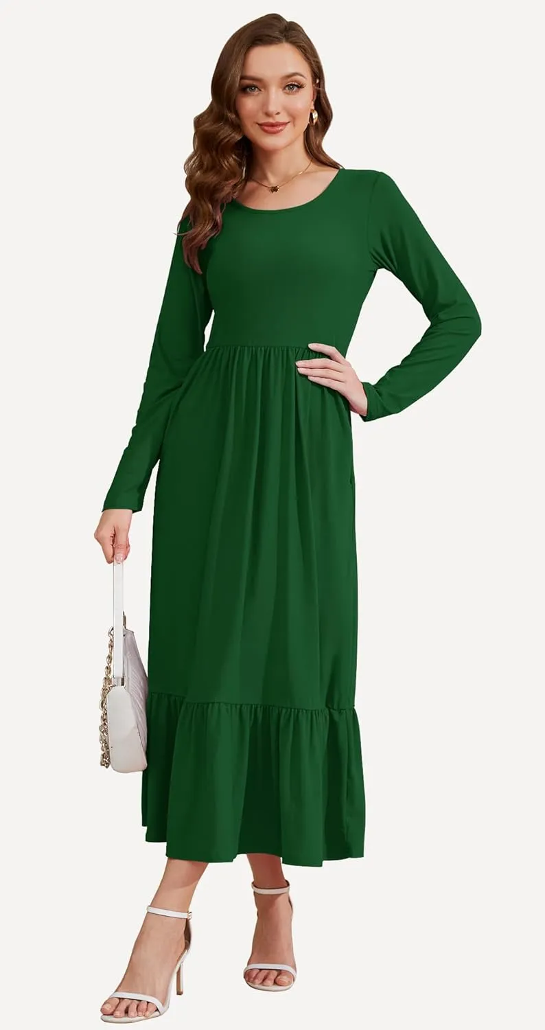 AUSELILY Womens Fall Dresses 2024 Long Sleeve Maxi Dress Casual Crewneck Flowy Tiered Wedding Guest Dress with Pockets