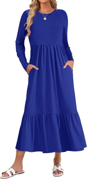 AUSELILY Womens Fall Dresses 2024 Long Sleeve Maxi Dress Casual Crewneck Flowy Tiered Wedding Guest Dress with Pockets