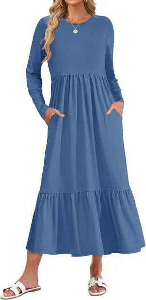 AUSELILY Womens Fall Dresses 2024 Long Sleeve Maxi Dress Casual Crewneck Flowy Tiered Wedding Guest Dress with Pockets