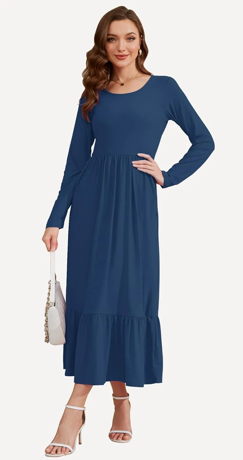AUSELILY Womens Fall Dresses 2024 Long Sleeve Maxi Dress Casual Crewneck Flowy Tiered Wedding Guest Dress with Pockets