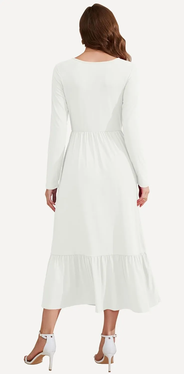 AUSELILY Womens Fall Dresses 2024 Long Sleeve Maxi Dress Casual Crewneck Flowy Tiered Wedding Guest Dress with Pockets